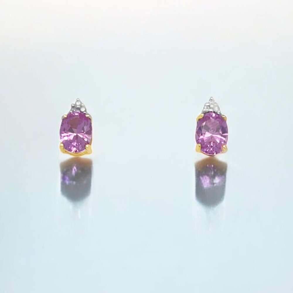 Oval Lab Created Pink Sapphire and Diamond Earrings in 10kt Yellow Gold